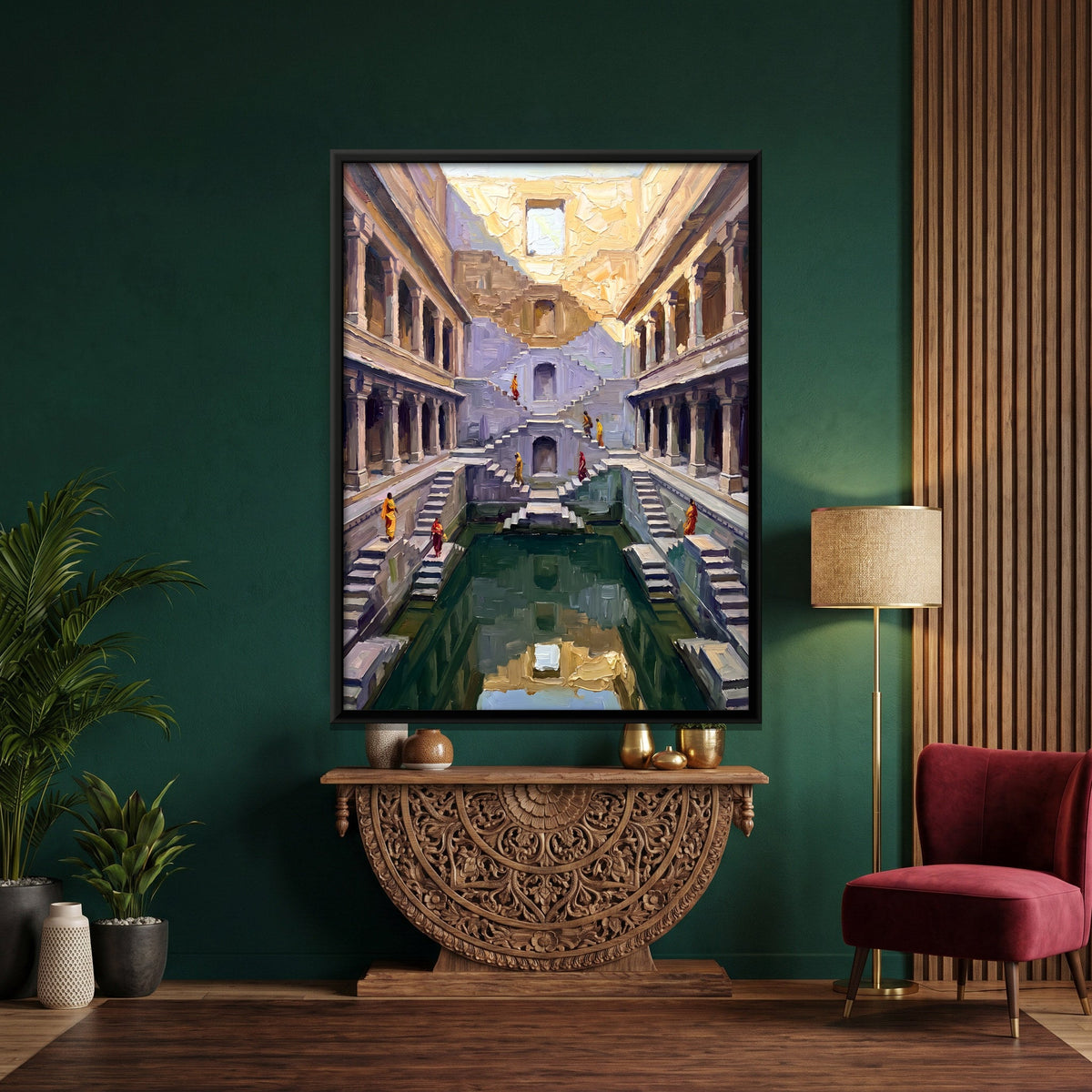 Multi-tiered Stepwell Descending to Green Water, canvas in a furnished room