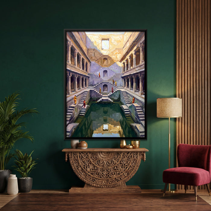 Multi-tiered Stepwell Descending to Green Water, canvas in a room