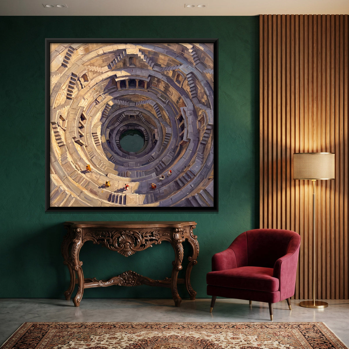 Deep Circular Stepwell with Criss-crossing Stairs, canvas in a second room