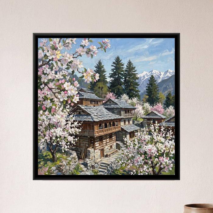 Apple Blossom over the Slate Roofs, framed canvas print on a wall