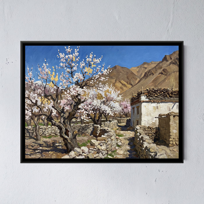 Apricot Blossom in a Ladakhi Orchard, framed canvas print on a wall