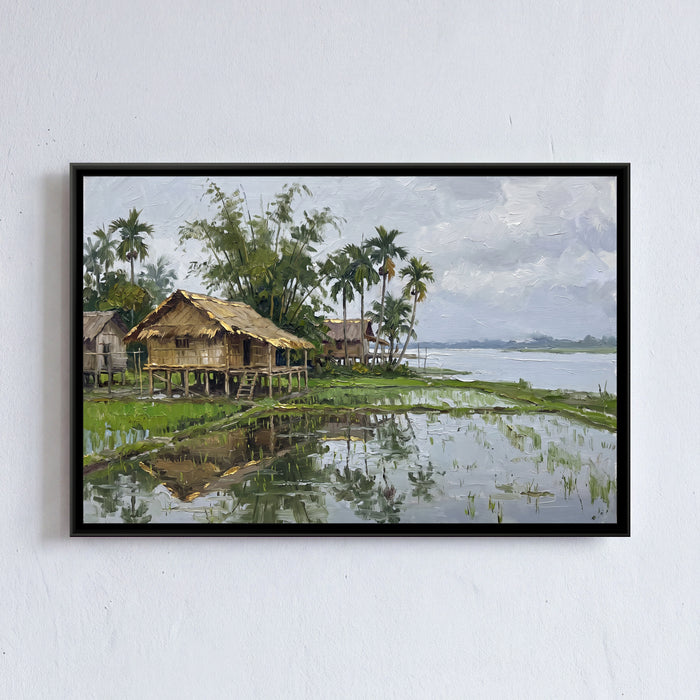 Bamboo Houses on a River Island, framed canvas print on a wall