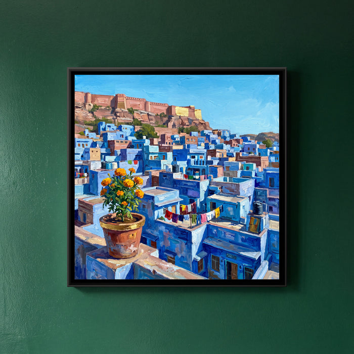 Blue Rooftops of the Old City, framed canvas print on a wall