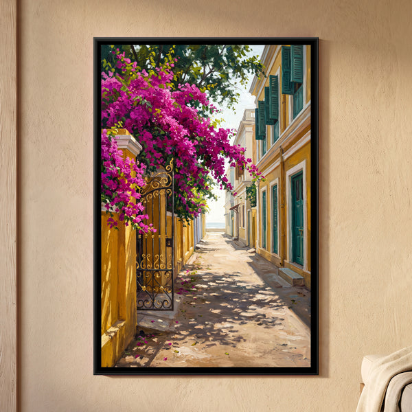 Bougainvillea Lane, White Town, canvas in a room