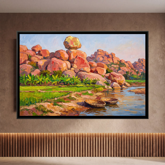 Boulders and Banana Groves at Sunset, framed canvas print on a wall