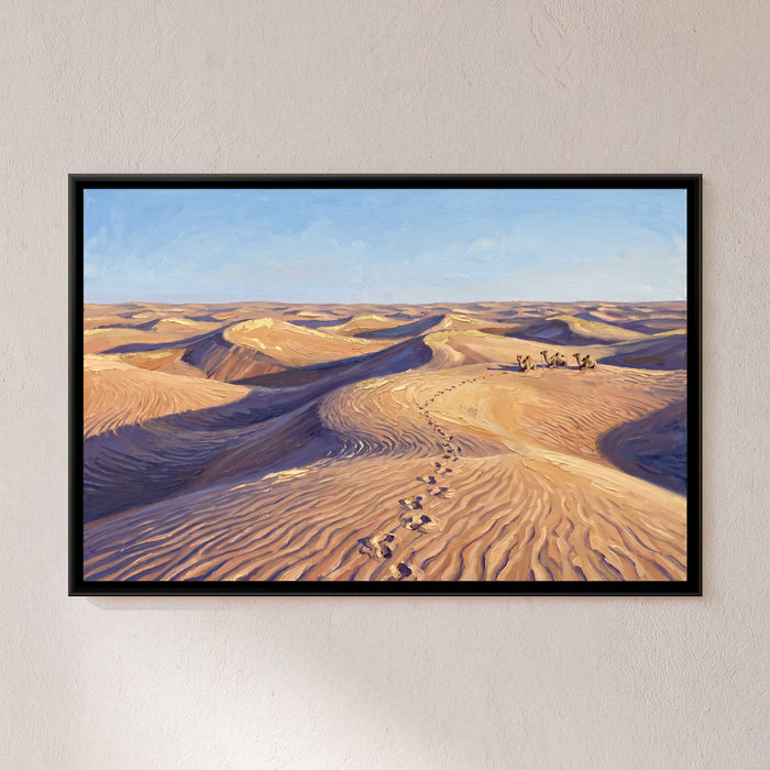 Camel Tracks across the Dunes, framed canvas print on a wall