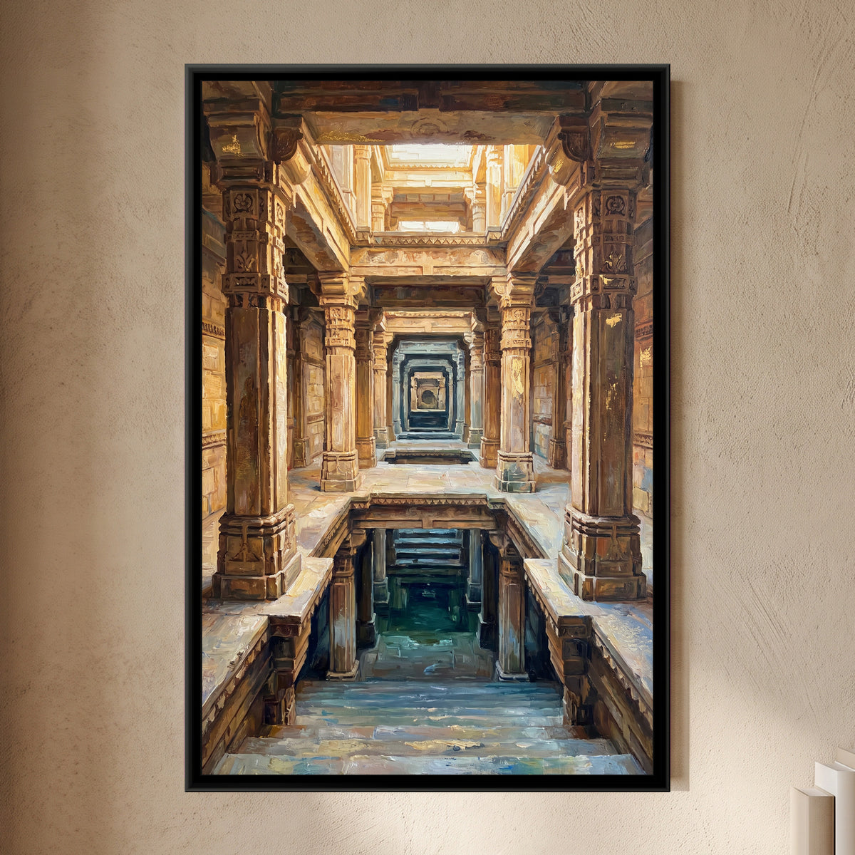 Carved Galleries of a Stepwell, framed canvas print on a wall
