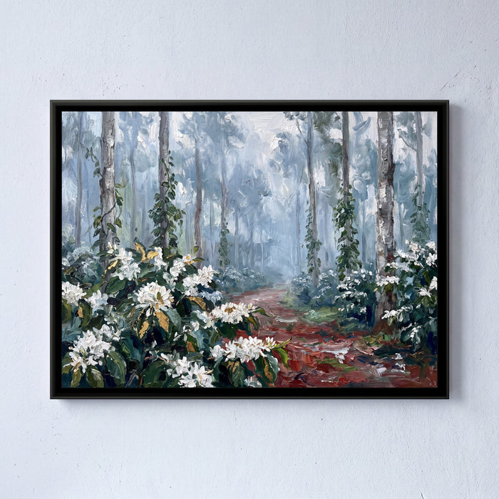 Misty Morning on a Coorg Estate, framed canvas print on a wall