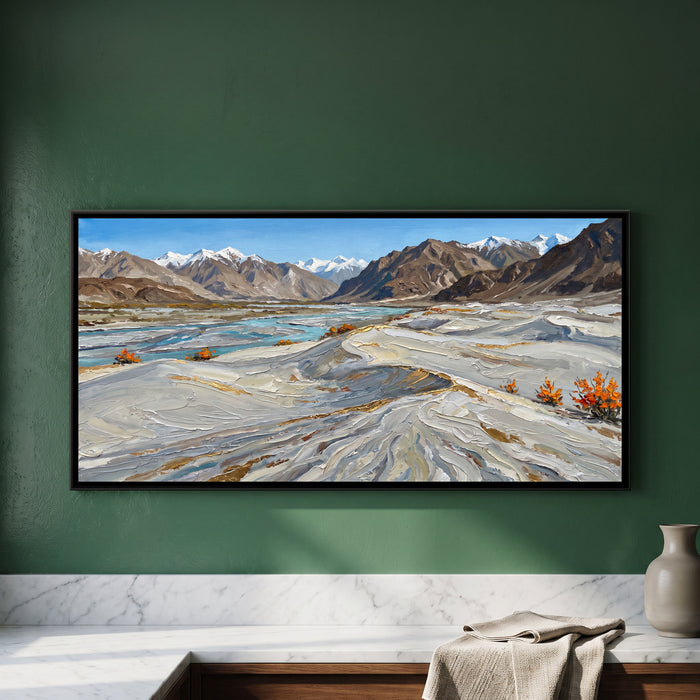 Cold Desert Dunes of Nubra, framed canvas print on a wall