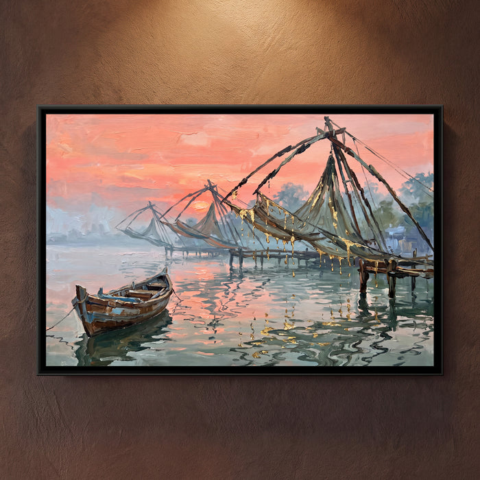 Fishing Nets at First Light, Kochi, canvas in a room