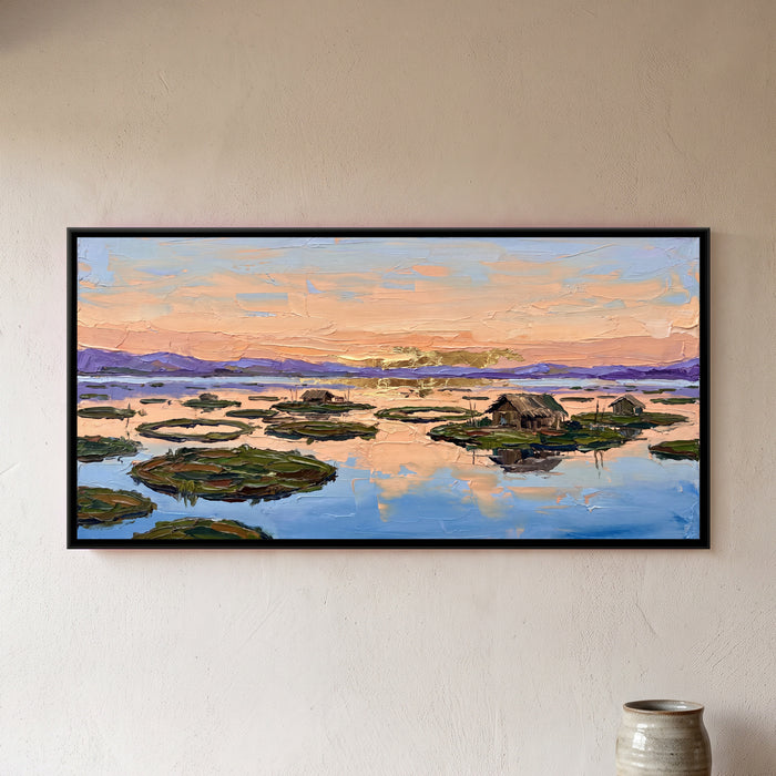 Floating Islands of Loktak Lake, framed canvas print on a wall