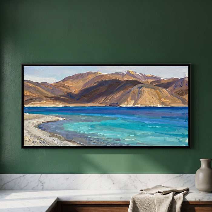 High Lake Below the Bare Mountains, framed canvas print on a wall