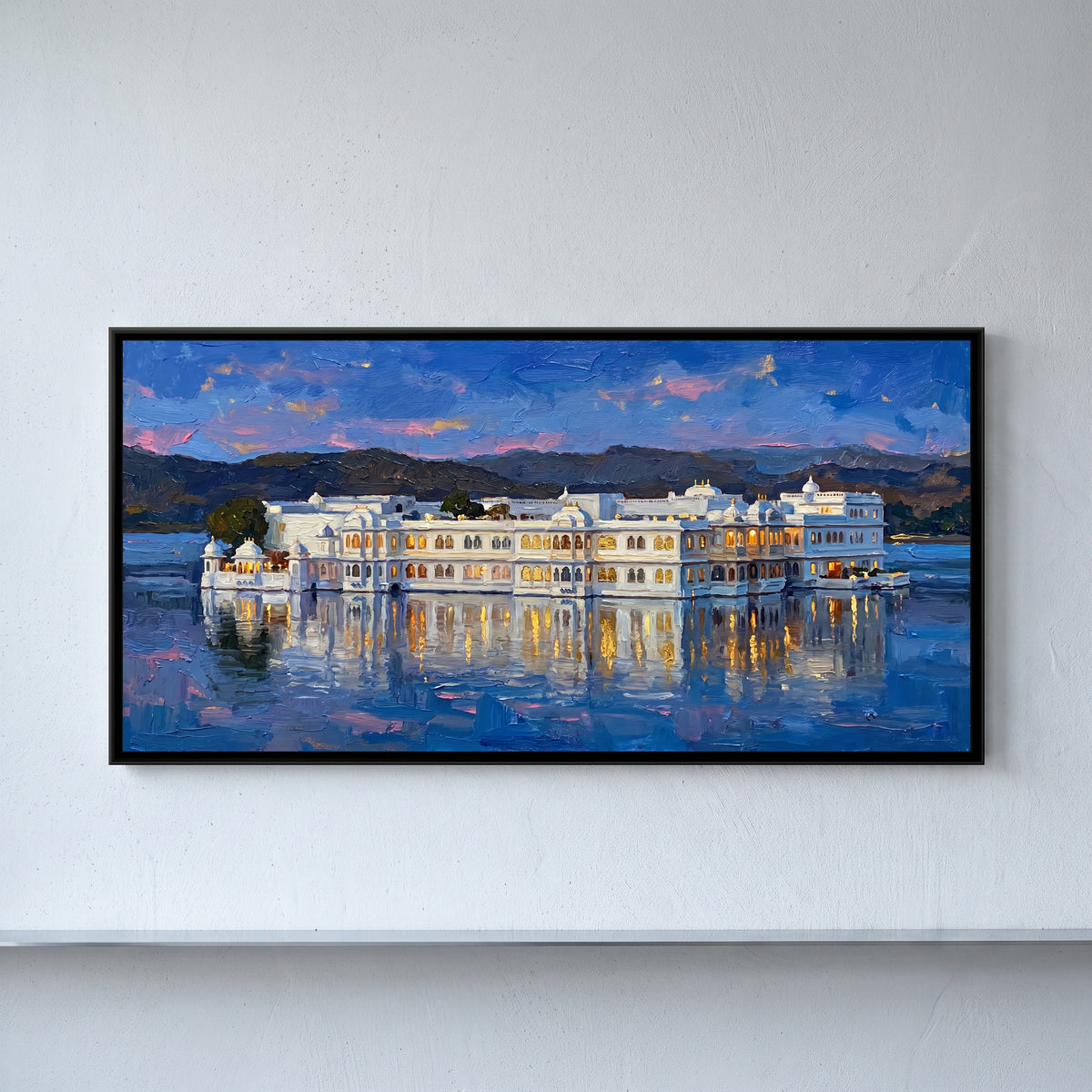 Lake Palace at Blue Hour, framed canvas print on a wall
