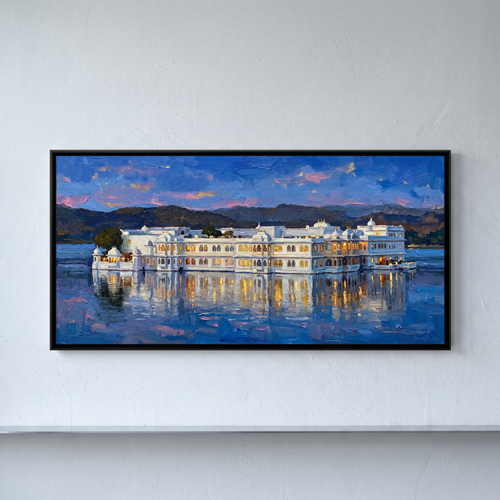 Lake Palace at Blue Hour, framed canvas print on a wall