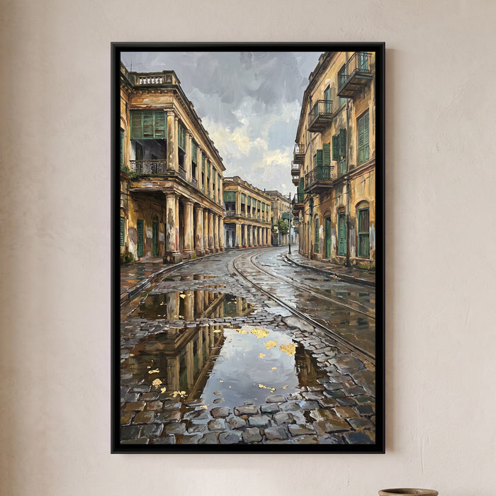 Monsoon Arcades of Old Calcutta, framed canvas print on a wall