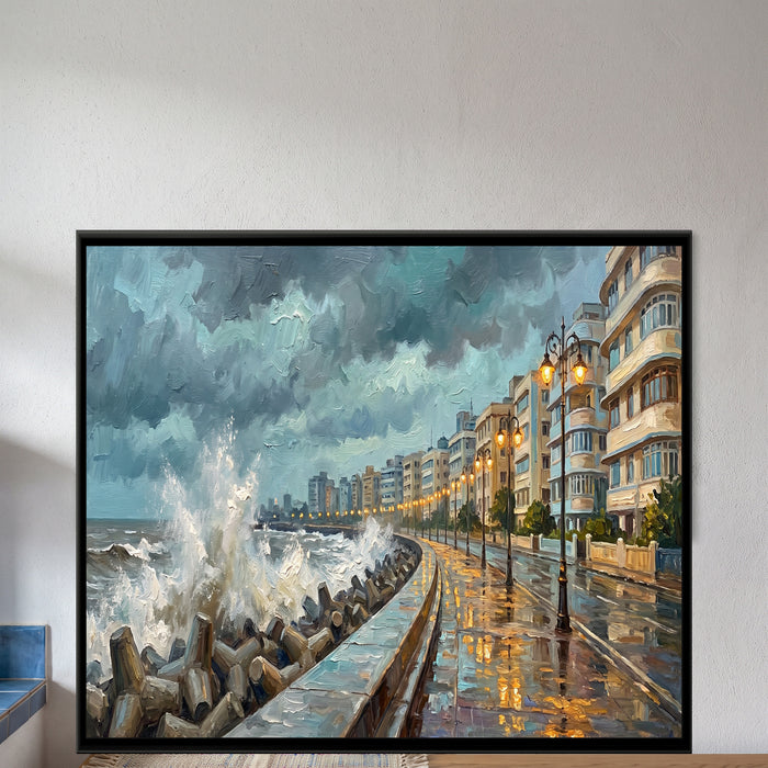 Monsoon Evening on the Sea Wall, framed canvas print on a wall