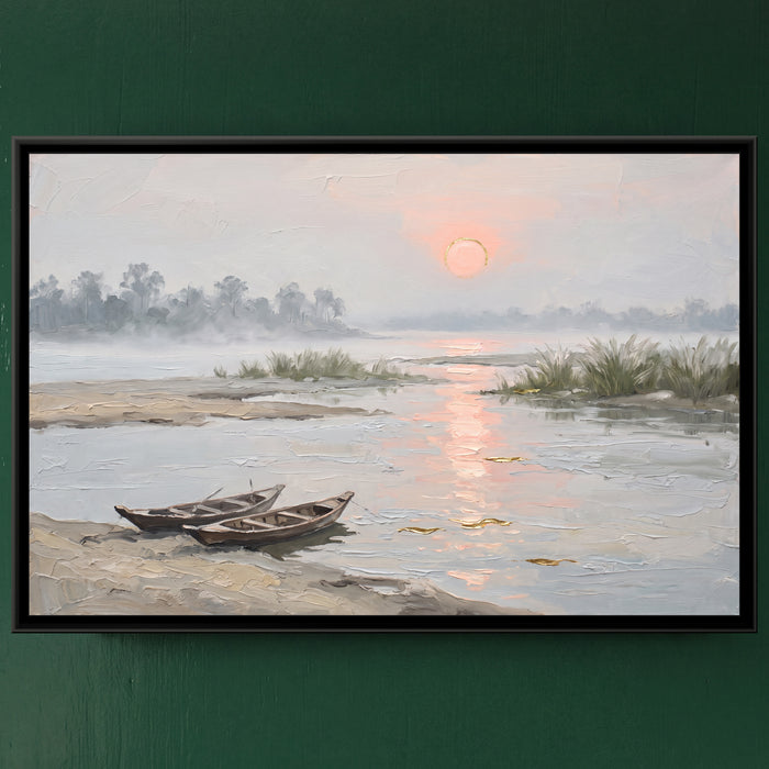 Morning Mist over the Brahmaputra, framed canvas print on a wall