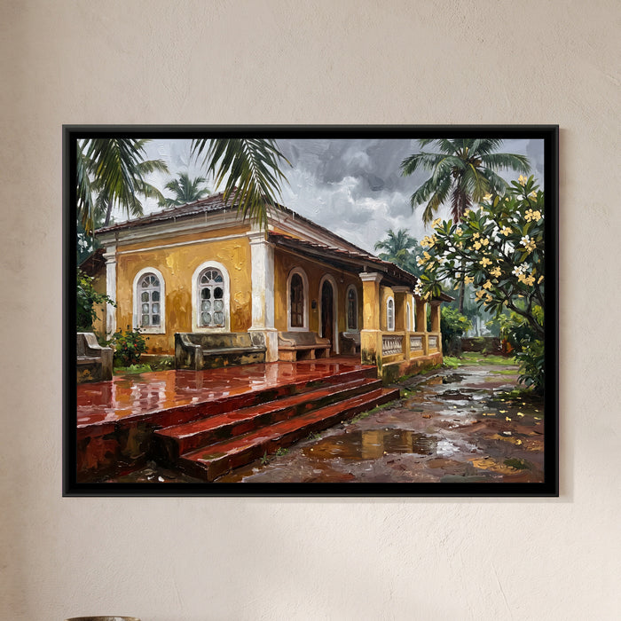 Ochre Villa in the Goa Monsoon, framed canvas print on a wall