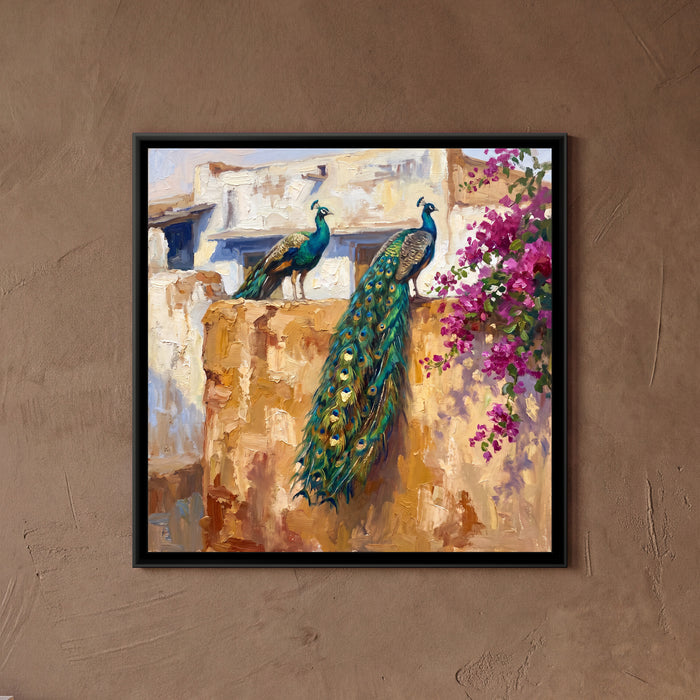 Peacocks on a Rajasthan Wall, framed canvas print on a wall