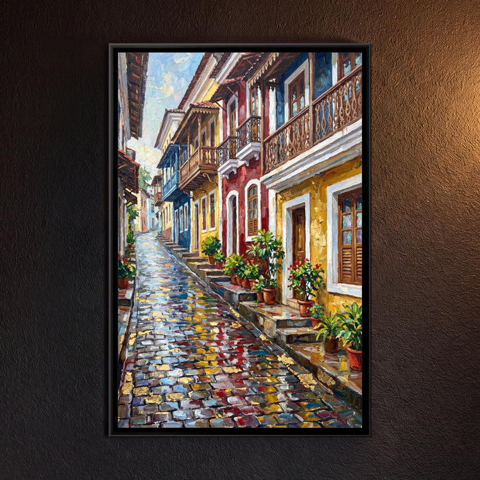 Portuguese Balconies of Fontainhas, framed canvas print on a wall