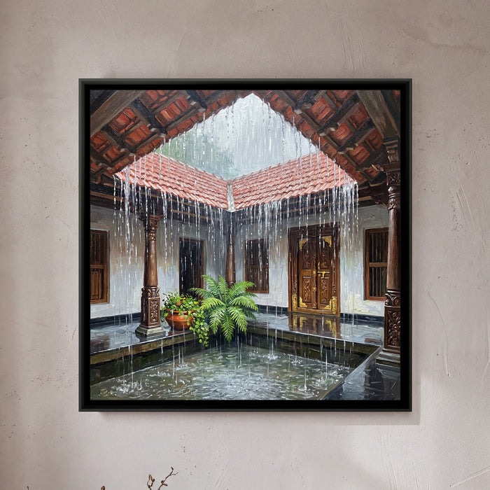 Rain into the Nalukettu Courtyard, framed canvas print on a wall
