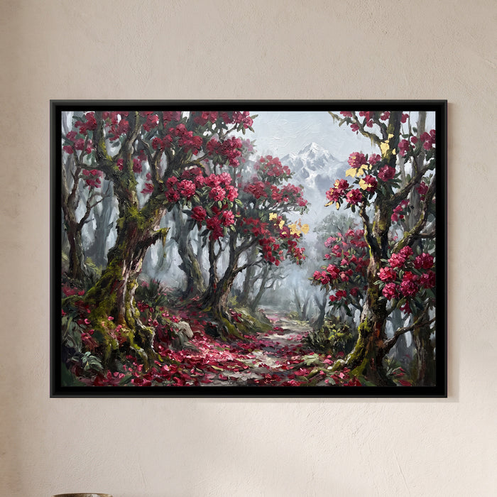Rhododendron Bloom in the Sikkim Forest, framed canvas print on a wall