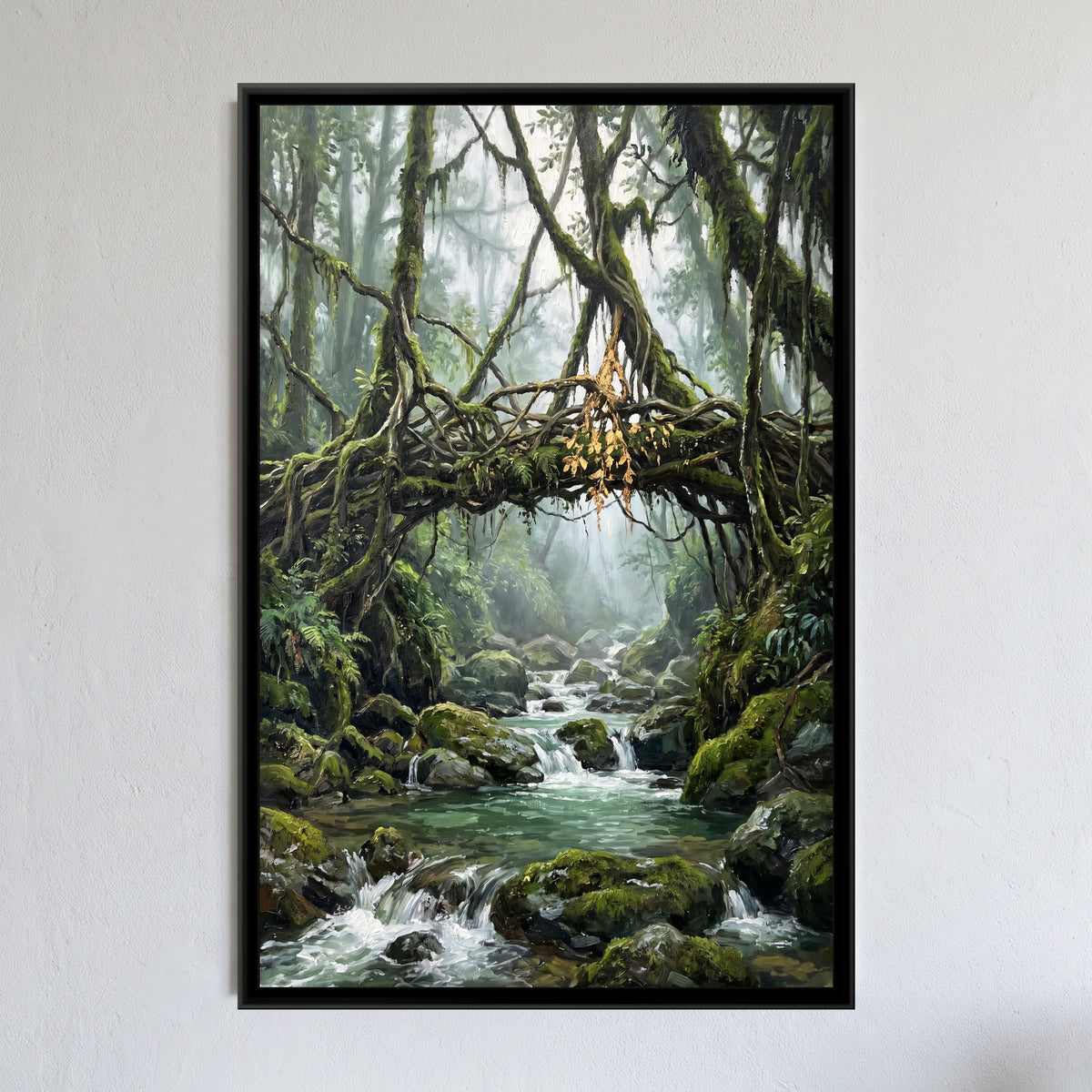 Root Bridge in the Meghalaya Mist, framed canvas print on a wall