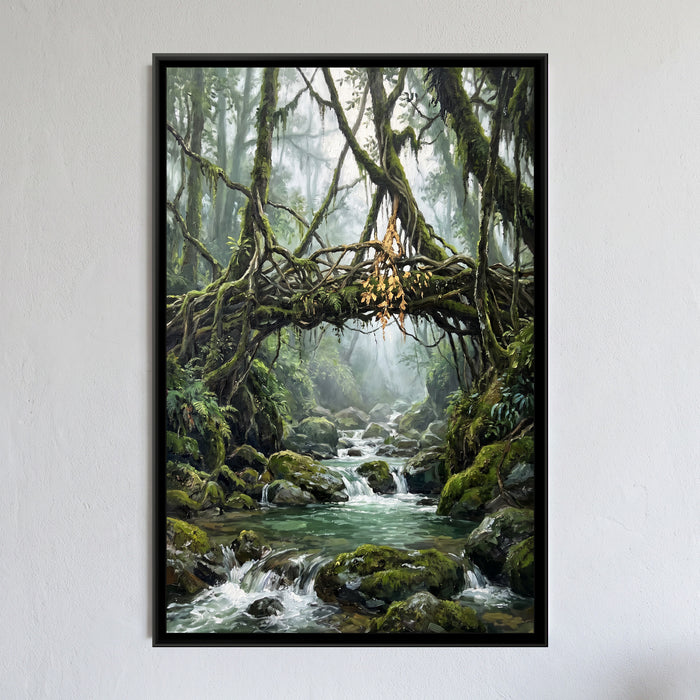 Root Bridge in the Meghalaya Mist, framed canvas print on a wall