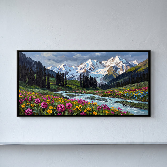 Valley of Flowers in Full Bloom, framed canvas print on a wall