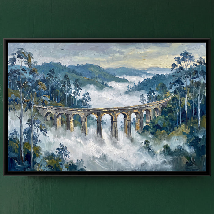 Viaduct in the Nilgiri Mist, framed canvas print on a wall