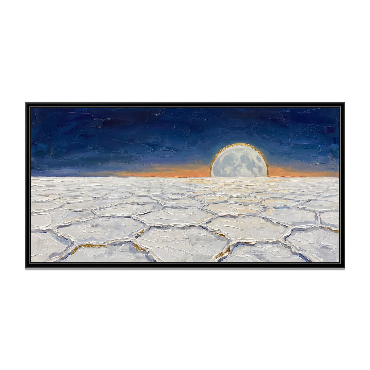 Moonrise over the White Rann, canvas print in a floater frame on a plain white background