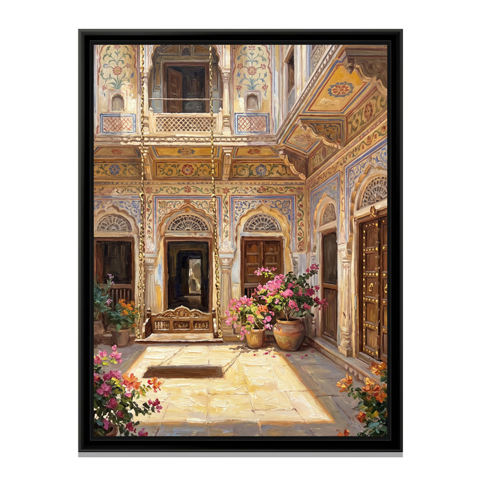 Noon in a Rendered Shekhawati Courtyard, canvas print in a floater frame on a plain white background