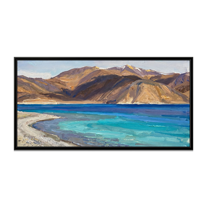 High Lake Below the Bare Mountains, canvas print in a floater frame on a plain white background