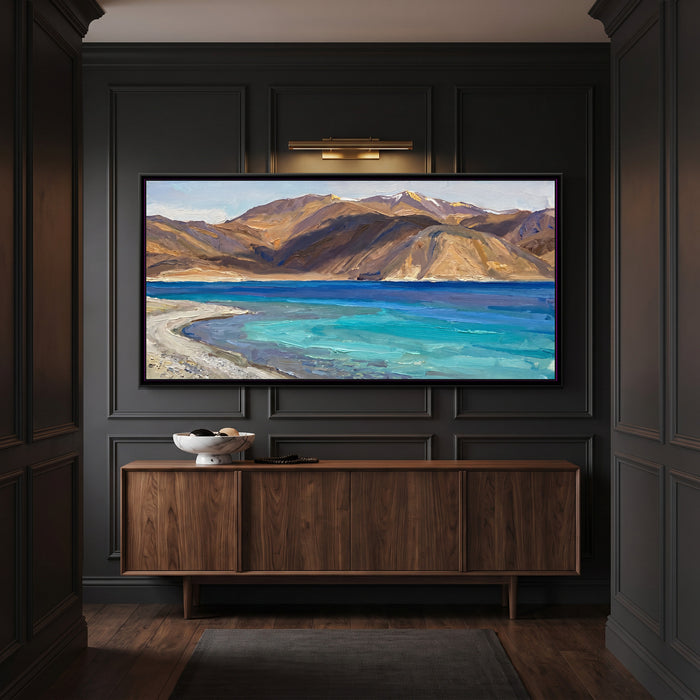 High Lake Below the Bare Mountains, canvas in a room
