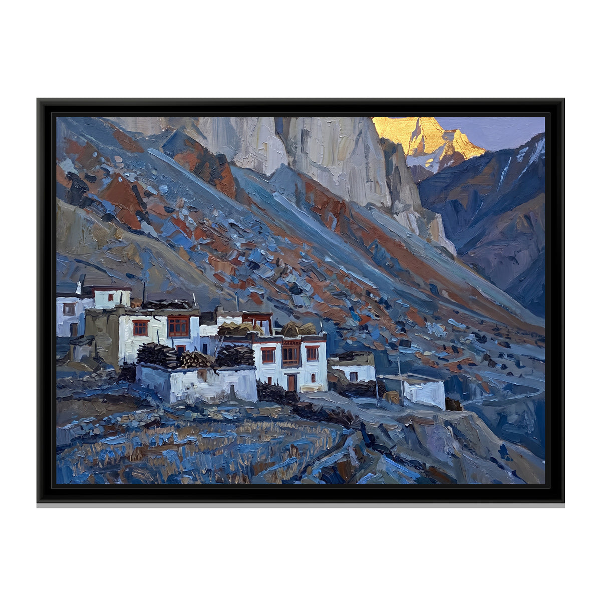 Whitewashed Spiti Village at Dusk, canvas print in a floater frame on a plain white background