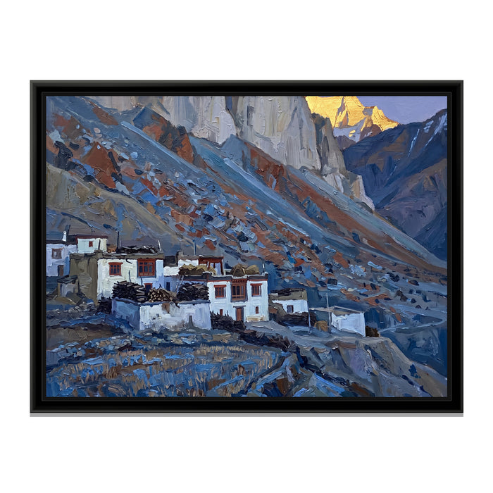 Whitewashed Spiti Village at Dusk, canvas print in a floater frame on a plain white background