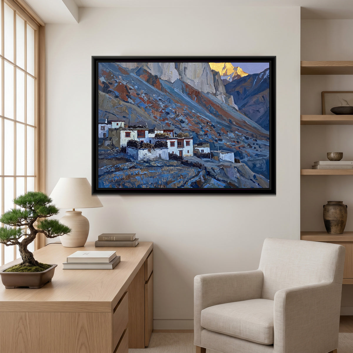 Whitewashed Spiti Village at Dusk, canvas print shown in a second room