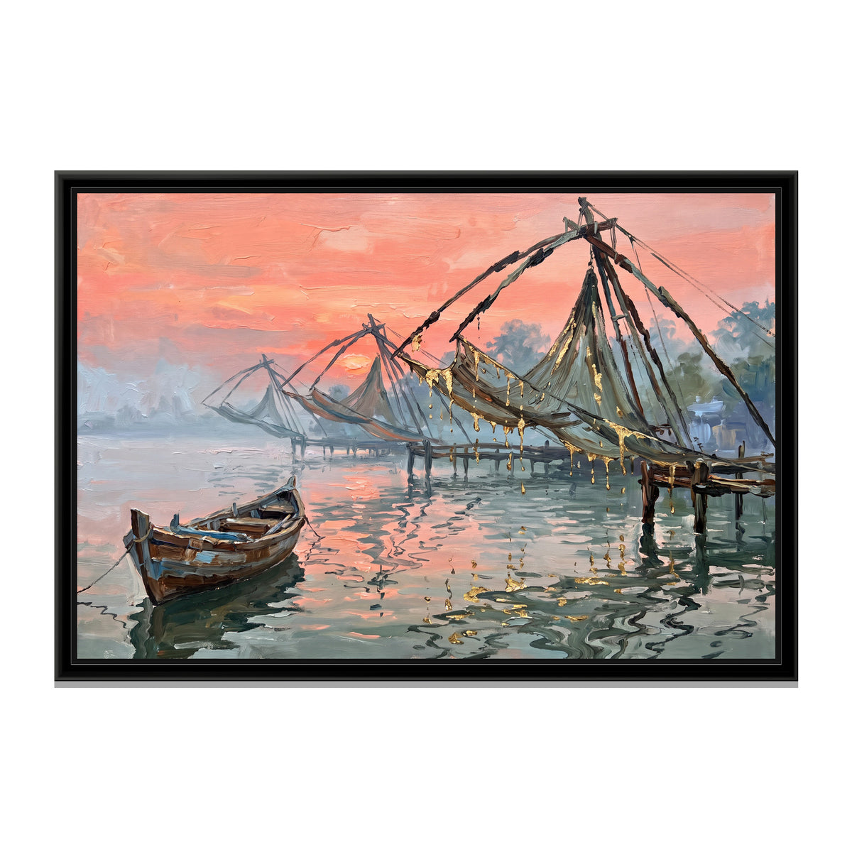 Fishing Nets at First Light, Kochi, canvas print in a floater frame on a plain white background