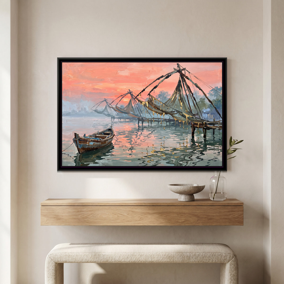 Fishing Nets at First Light, Kochi, canvas print shown in a second room