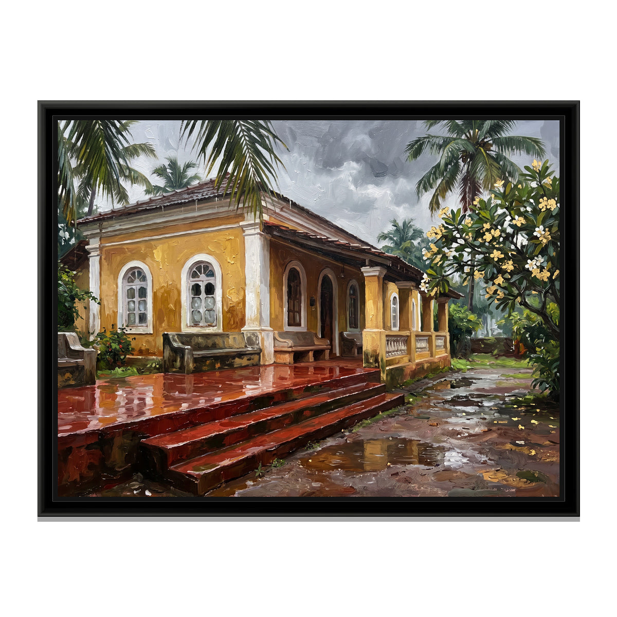 Ochre Villa in the Goa Monsoon, canvas print in a floater frame on a plain white background