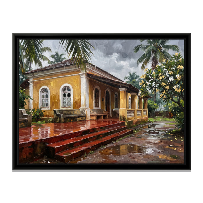 Ochre Villa in the Goa Monsoon, canvas print in a floater frame on a plain white background