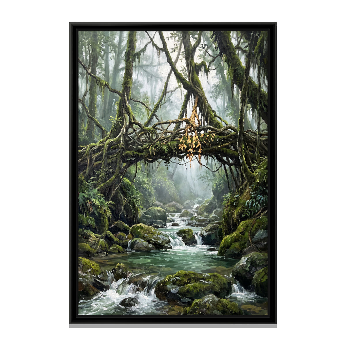 Root Bridge in the Meghalaya Mist, canvas print in a floater frame on a plain white background