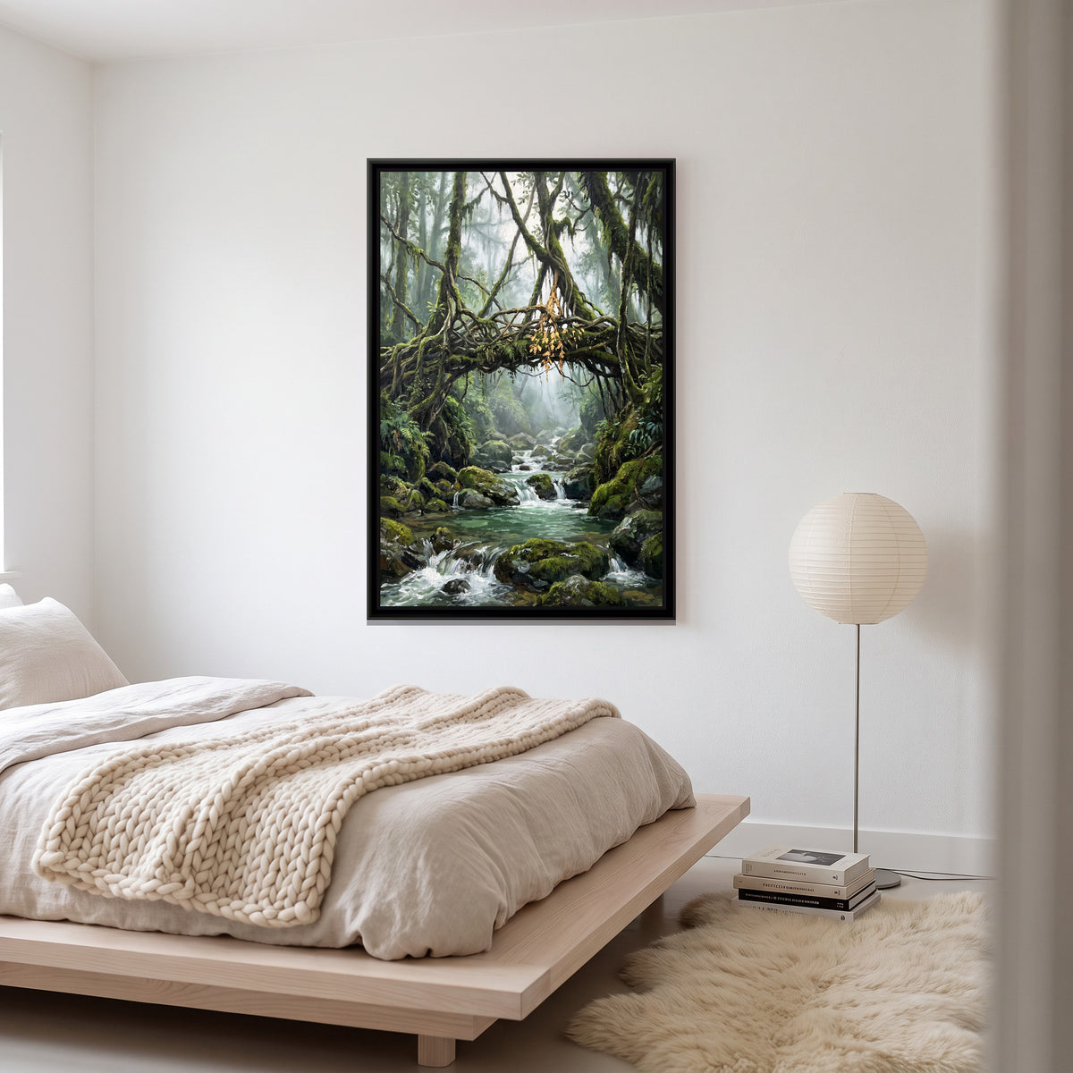 Root Bridge in the Meghalaya Mist, canvas print shown in a room