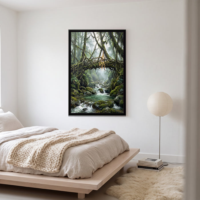 Root Bridge in the Meghalaya Mist, canvas in a room