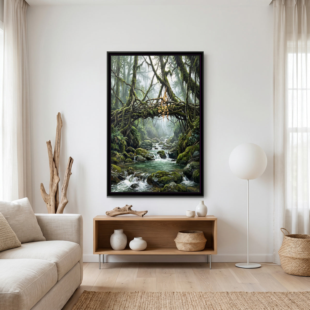 Root Bridge in the Meghalaya Mist, canvas print shown in a second room
