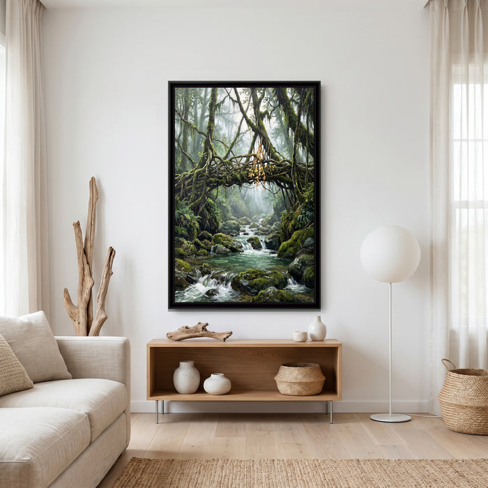 Root Bridge in the Meghalaya Mist, canvas in a room
