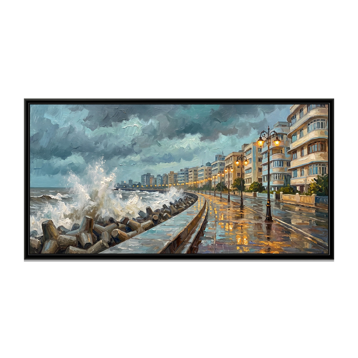 Monsoon Evening on the Sea Wall, canvas print in a floater frame on a plain white background