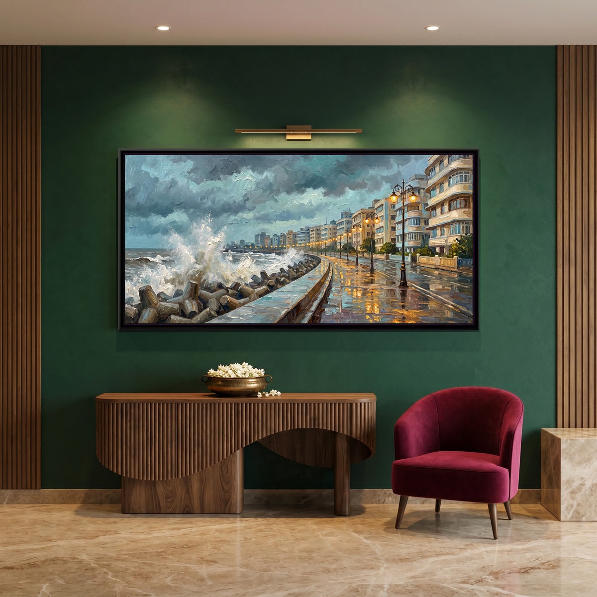 Monsoon Evening on the Sea Wall, canvas print shown in a second room