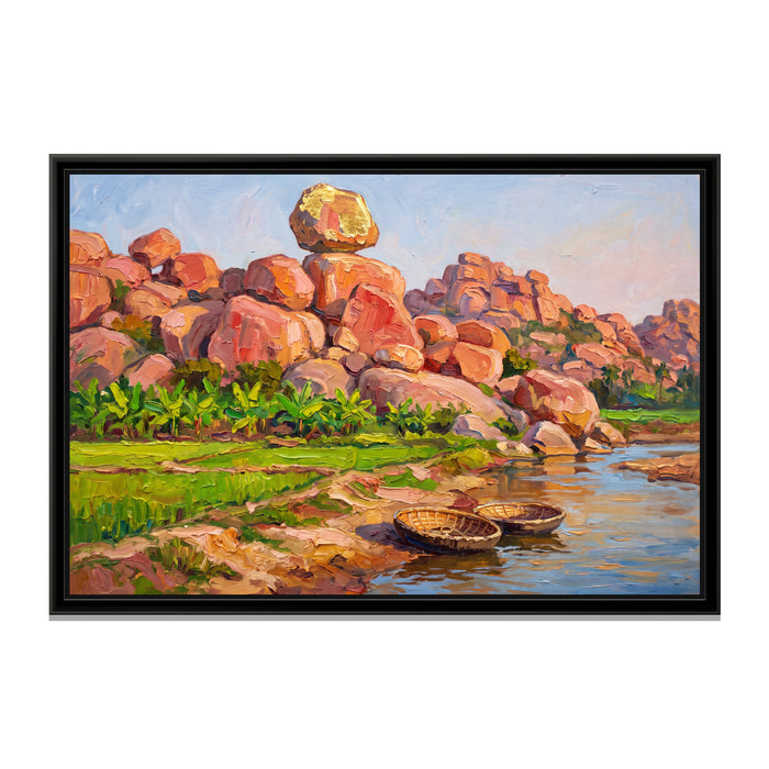 Boulders and Banana Groves at Sunset, canvas print in a floater frame on a plain white background