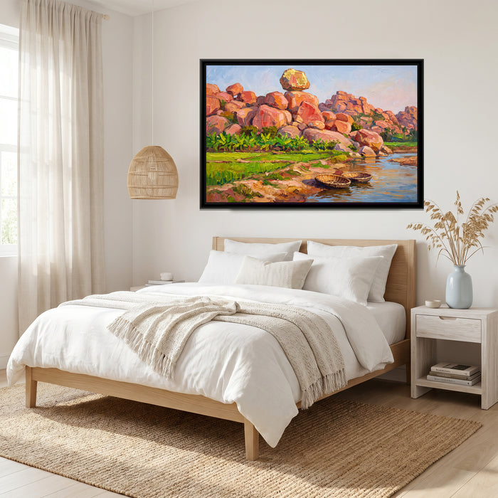 Boulders and Banana Groves at Sunset, canvas print shown in a second room